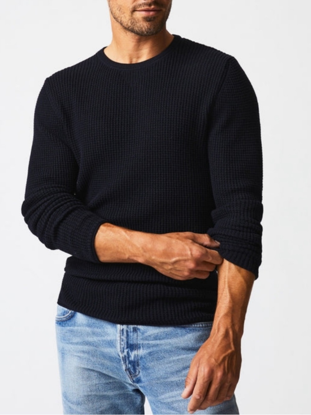 Billy Reid Mini Waffle Crew Cotton Cashmere Shirt Sweater Black Size XXL